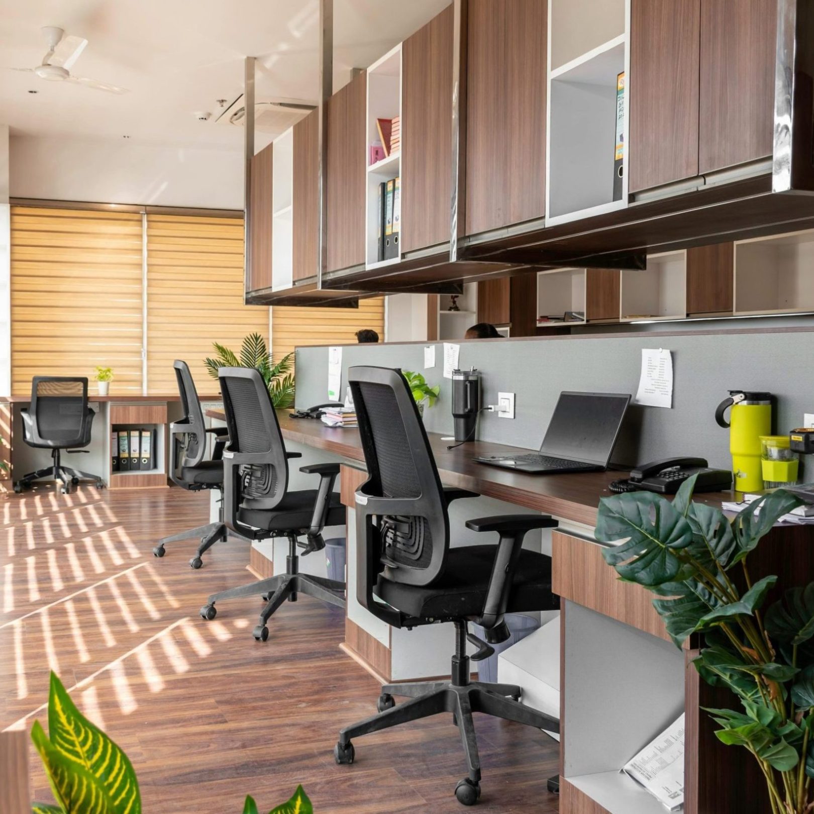 Bright modern office interior in Sahibzada Ajit Singh Nagar with desks, chairs, and green plants.